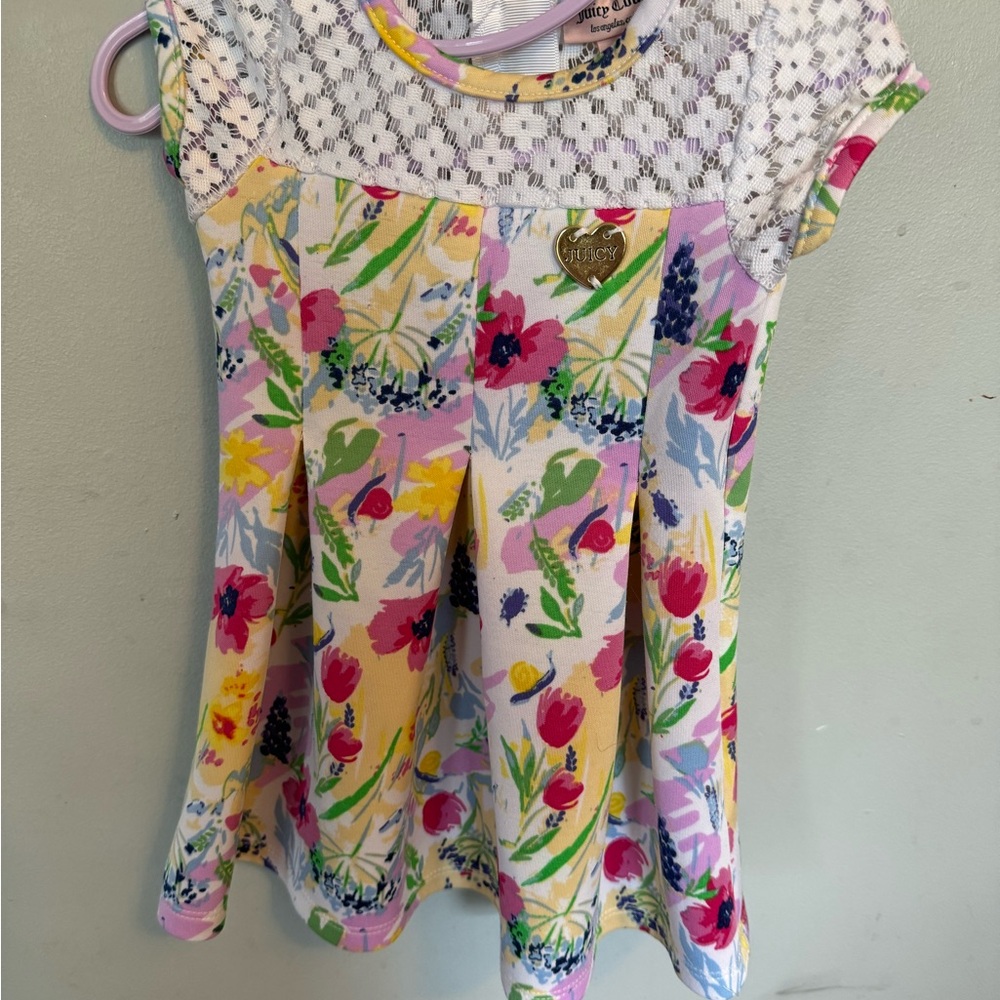 Juicy Couture Pink and Yellow Floral Dress with Lace Yoke